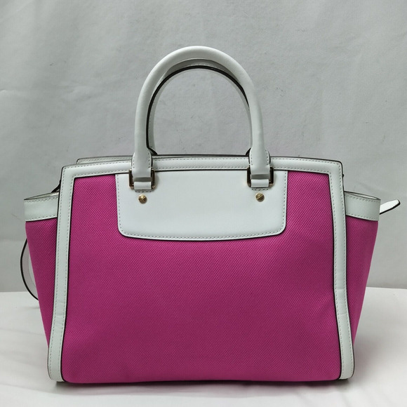 Michael Kors Selma Fuschia Pink Canvas Leather Trim Zipper Satchel Shoulder Bag - Picture 2 of 16